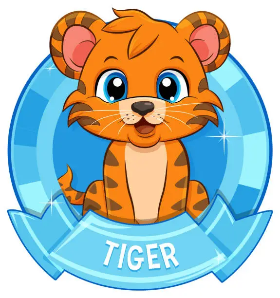 Vector illustration of Adorable tiger cub inside a shiny blue badge