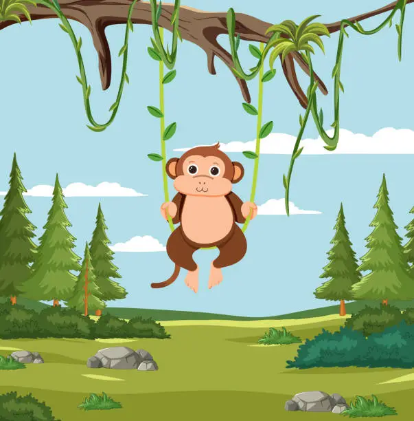 Vector illustration of A cheerful monkey swinging from jungle vines.