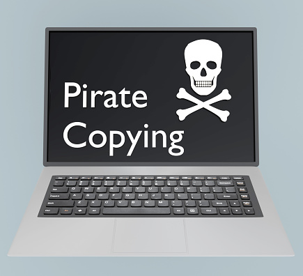 3D illustration of a pirate symbol shown on a laptop screen, titled as Pirate Copying.