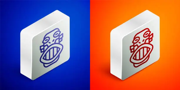 Vector illustration of Isometric line Mexican mayan or aztec mask icon isolated on blue and orange background. Silver square button. Vector