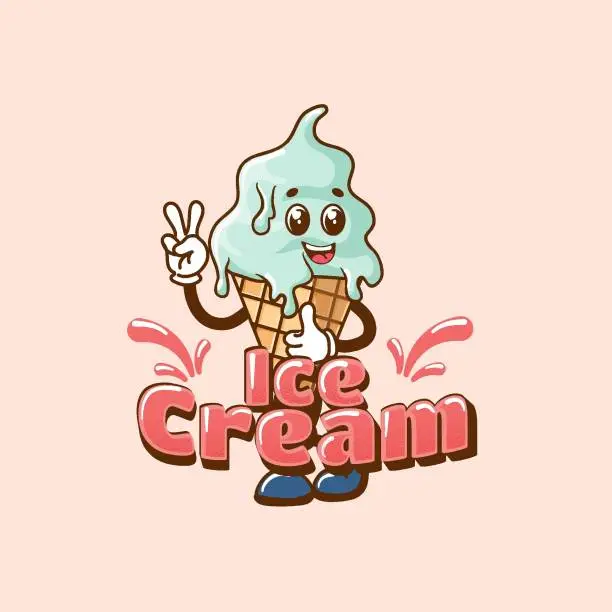 Vector illustration of Ice cream and sprinkles. Retro mascots in cartoon style.Fun retro style dessert mascot for cafe.