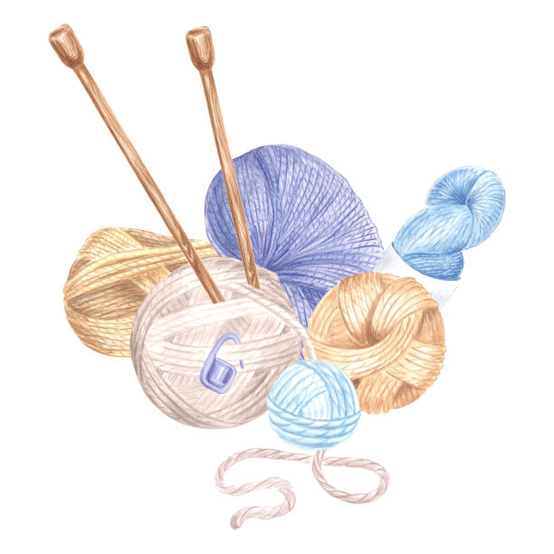 Skeins of yarn and tangles of threads ,wooden knitting needles. Watercolor template illustration of balls of wool knitting. Isolated hand drawn illustration for cards, knitter blog, needlework store Skeins of yarn and tangles of threads ,wooden knitting needles. Watercolor template illustration of balls of wool knitting. Isolated hand drawn illustration for cards, knitter blog, needlework store. sewing thread rolled up creation stock illustrations