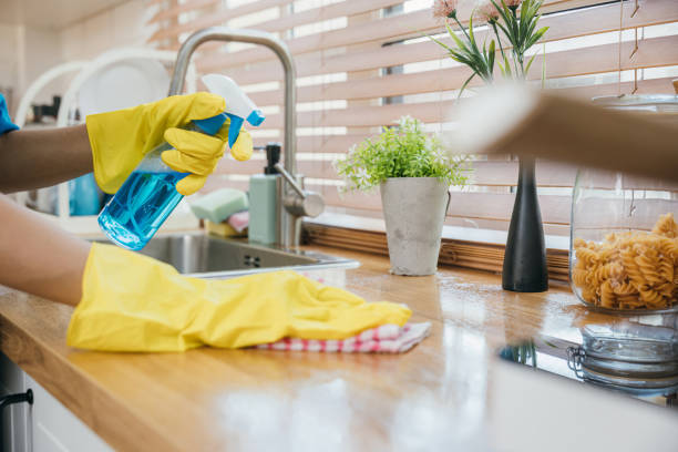 istock Hygiene-conscious woman in uniform rubs and disinfects kitchen worktop with spray. Housekeeping and cleanliness concept. Cleaning routine ensuring home purity. Clean disinfect home care. 2004409241