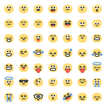 Vector illustration of a collection of 49 cute and colorful emoticons for social media, online messaging, human emotions, mental health, customer engagement and design projects in general.