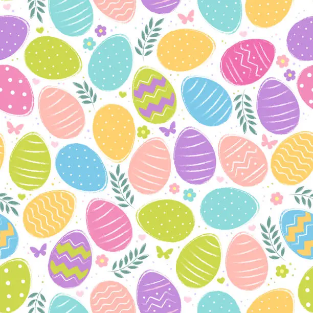 Vector illustration of Easter seamless pattern with decorated eggs hand painted in pastel colors.