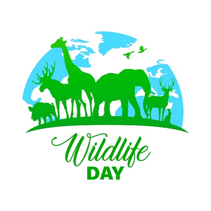 Wildlife day vector poster, wild animals green silhouettes on Earth globe. Biological diversity boar, moose, giraffe and elephant with reindeer and hare forest and african animals planet fauna holiday