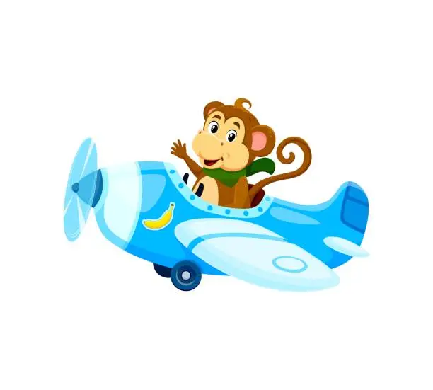 Vector illustration of Cartoon baby ape animal character on airplane