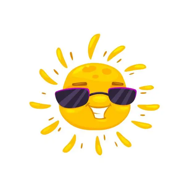 Vector illustration of Cartoon sun character with sunglasses, happy smile