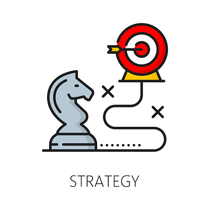 SEM strategy icon for search engine marketing and content management, vector line pictogram. Target audience reach strategy and website search optimization planning for web advertising in outline icon