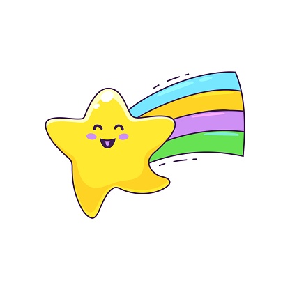 Cartoon star kawaii character dancing on rainbow, funny twinkle personage, vector emoji. Cute smiling and happy star emoji running or dancing on rainbow, kids mascot or cheerful cartoon character