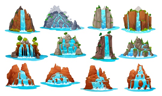 Cartoon Wild West waterfall and water cascade. Game landscape asset. Isolated vector falling streams, pure liquid jets. River fall from rock or mountain, natural fountain ui or gui 2d graphics set