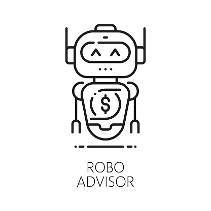 Cryptocurrency Internet robo advisor, fintech chat bot and blockchain online technology linear icon. Artificial intelligence technology fintech, online business bot linear vector icon with robot