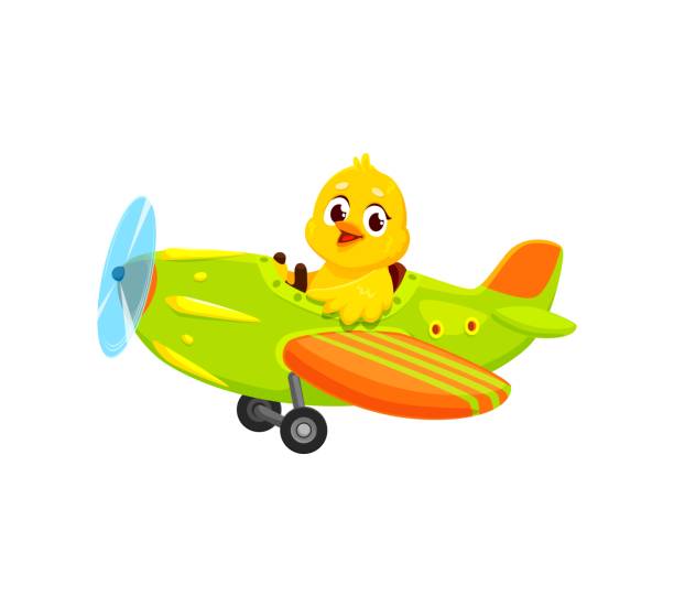 Cartoon baby chick animal character on plane Cartoon baby chick animal character on plane. Animal kid airplane pilot. Isolated vector chicklet gleefully soars through the sky on a cute whimsical airplane, with joyous chirps echoing in the air chuck drill part stock illustrations