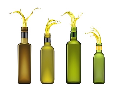 Olive oil bottles with splashes glistening in the light, capture the essence of freshness and flavor. Isolated realistic 3d vector glass flasks row dynamic presentation, promising culinary delights