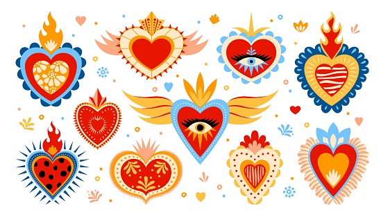 Mexican sacred hearts, vibrant and whimsical cartoon vector set featuring lively colors and intricate details. Each heart radiates cultural charm, blending tradition with a playful and joyful spirit
