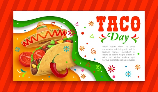 Mexican tacos day paper cut banner. Mexican takeaway food restaurant poster, Mexico cuisine holiday party or Tex Mex fastfood meal day celebration vector flyer with taco, chili, tomato and sombrero