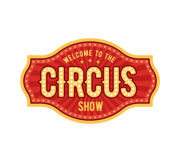 Retro tent circus sign and vintage carnival signboard, adorned with swirling lights and bold typography. Vector banner evoking the nostalgia of bygone era, welcomes visitors to lively show atmosphere