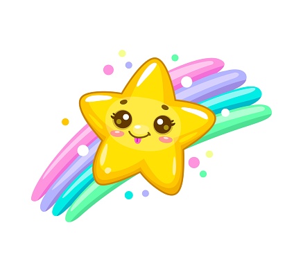 Cartoon cute kawaii star and twinkle personage character gleefully perched on vibrant rainbow. Isolated vector whimsical toon with a smiling face, radiating joy with its playful and adorable presence