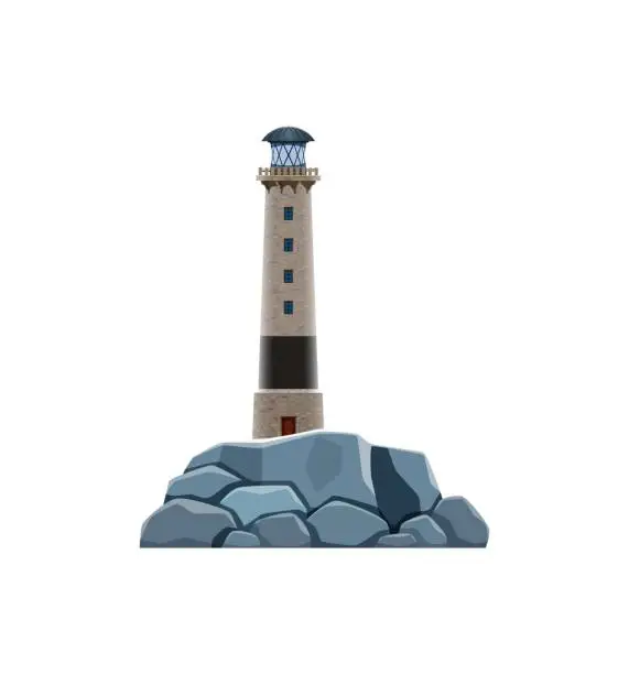 Vector illustration of Lighthouse, beacon building on rock, seafarer