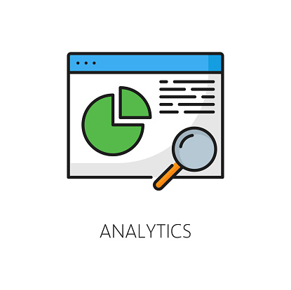 Analytics. CDN. Content delivery network icon, Website CDN technology, Internet media database storage and backup server outline vector symbol with infographics on web page and magnifying glass