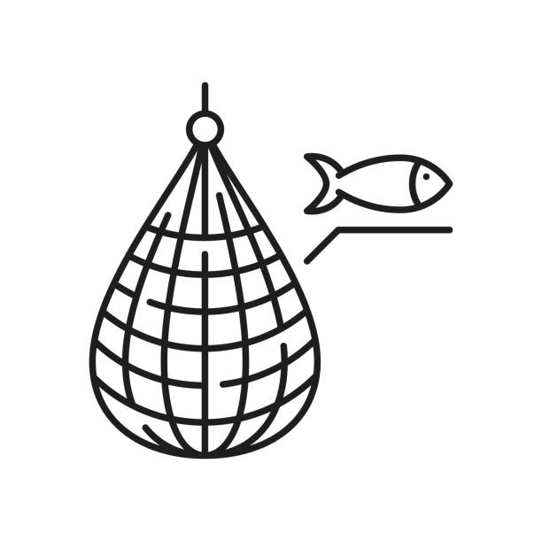 ilustrações, clipart, desenhos animados e ícones de ícone de contorno isolado do recipiente da caixa de armadilha de peixe - fishing net commercial fishing net netting isolated