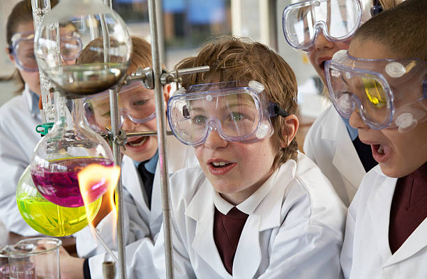 Group of children (9-12) watching experiment in school laboratory  science class stock pictures, royalty-free photos & images