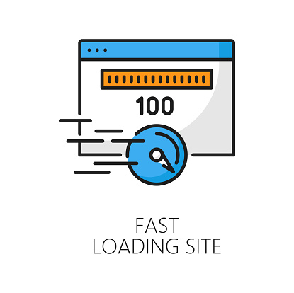 Fast loading site. CDN. Content delivery network icon, website speed upload and update, Internet portal content delivery and backup server outline vector sign with internet connection speed test page