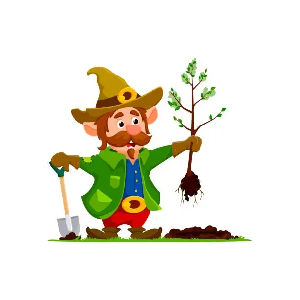 Vector illustration of Cartoon gnome planting tree in garden