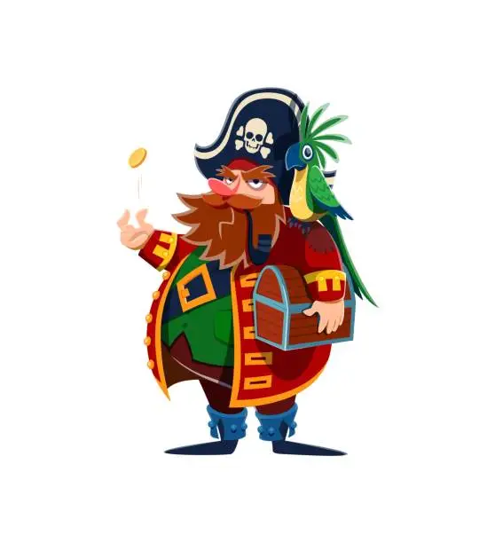 Vector illustration of Cartoon pirate captain, treasure chest and parrot