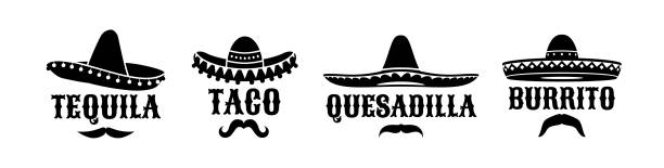ilustrações de stock, clip art, desenhos animados e ícones de mexican sombrero hats with taco, tequila, burrito - carnival spirit