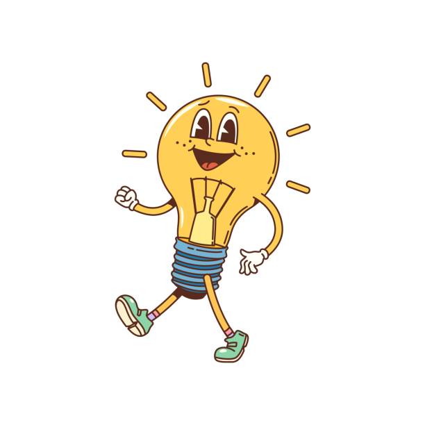 Cartoon groovy light bulb character, happy face Cartoon groovy light bulb character with happy face, vector comic funky or hippie art. Funny smiling groovy lamp in hipster style walking in sneakers for kids personage and retro t-shirt print human face with bulb stock illustrations