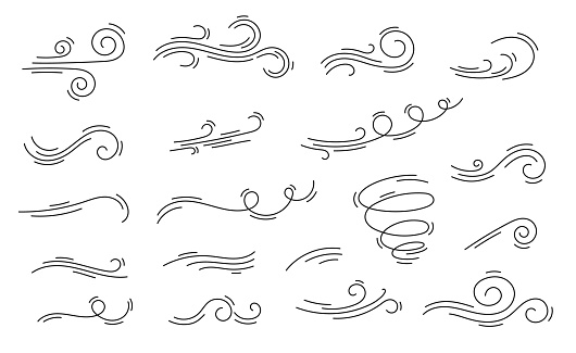 Doodle air wind motions, linear icons of hurricane blow and windy storm wave, cartoon vector. Wind flow effects in line art, breeze wind blowing or hurricane speed motion with spiral windy twirls