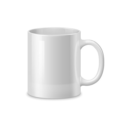 Realistic white ceramic coffee mug and tea cup, tableware mockup. Isolated 3d vector blank ceramicware with cylindrical shape, comfortable handle, and a glossy finish, perfect for brand identity