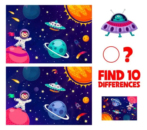 Vector illustration of Find ten differences game, galaxy space landscape