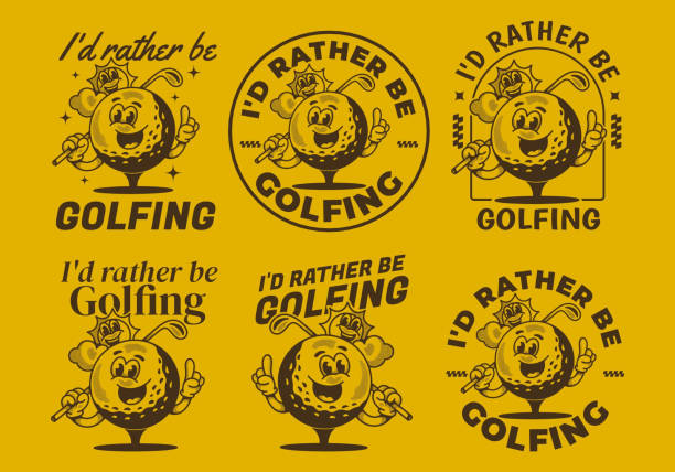 I'd rather be golfing. Vintage mascot character illustration of a golf ball holding a golf stick