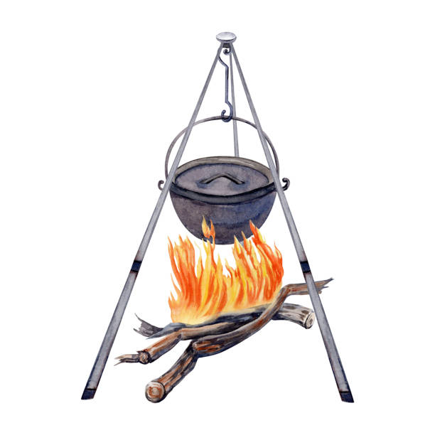 istock Campfire and iron cooking pot on stand. Camping design element for adventure, tourism, touring, outdoors, 4x4 off-roading prints, cards, fliers. Watercolor illustration isolated on white background 2004466926