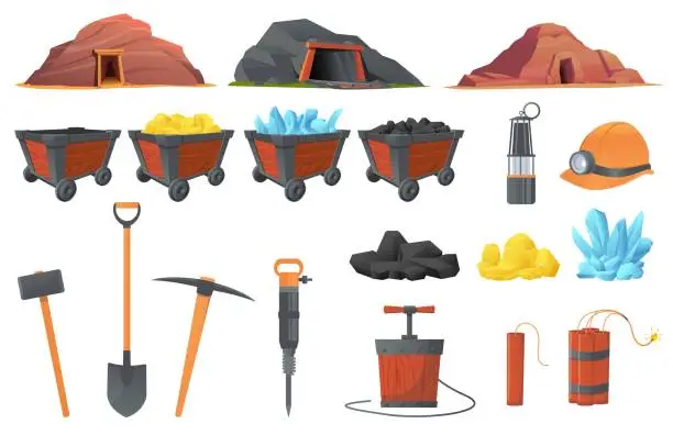 Vector illustration of Cartoon mining tools and wooden carts. Natural resources. Explosives with detonator. Gold and coal in trolleys. Tunnel entrance. Underground mineral. Different miners stuff vector set