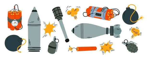 Vector illustration of Cartoon bombs. Deadly weapons of mass destruction. Rockets and grenades. TNT detonator. Mines and dynamite timer. Military arsenal. Explosive detonation. Gunpowder burst. Garish vector set