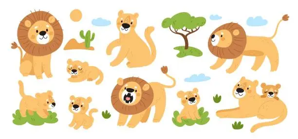 Vector illustration of Cartoon cute lions. Funny wild animals pride. King of beasts. Lionesses with cubs. Predators of feline family. Jungle mammals. Savannah tree. Safari carnivore cats. Garish vector set
