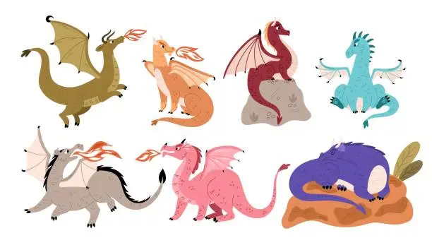 Vector illustration of Fairy tale dragons. Magical fire breathing animals. Mythological winged creatures on stones. Fantasy flying reptiles with wings. Mythical lizards. Cartoon monsters. Garish vector set