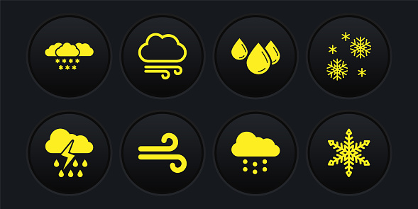 Set Cloud with rain and lightning Snow Wind snow Water drop and Windy weather icon. Vector.