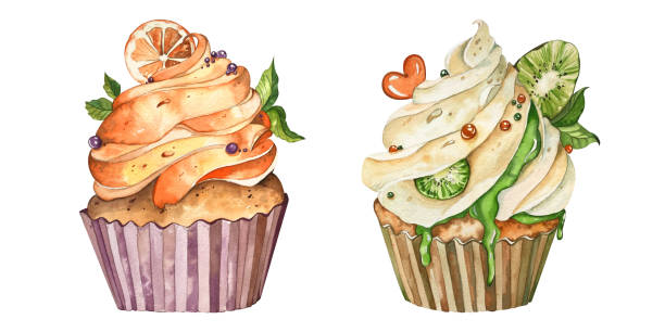 illustrazioni stock, clip art, cartoni animati e icone di tendenza di illustrazione ad acquerello di due cupcakes con crema, pezzi di frutta, marmellata: kiwi arancione. fatto a mano. decorato con foglie e perline dolci. isolato su sfondo bianco. per la progettazione di pubblicità, menu - fruitcake food white background isolated on white