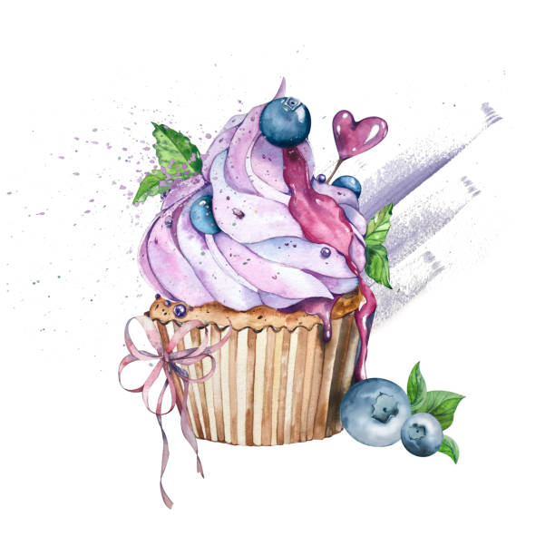 illustrazioni stock, clip art, cartoni animati e icone di tendenza di cupcake acquerello con crema, mirtilli, marmellata gocciolante, foglie decorative. l'illustrazione è isolata su sfondo bianco. lavoro fatto a mano. per il design del menu, la caffetteria, il logo. - fruitcake food white background isolated on white