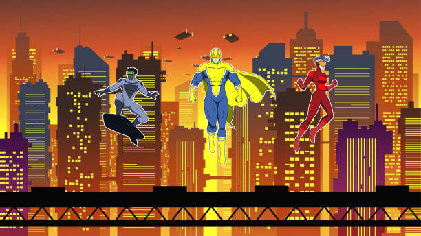 istock Vector Masked Superhero Team Flying Floating above Futuristic Cyberpunk Cityscape Stock Illustration 2004500831