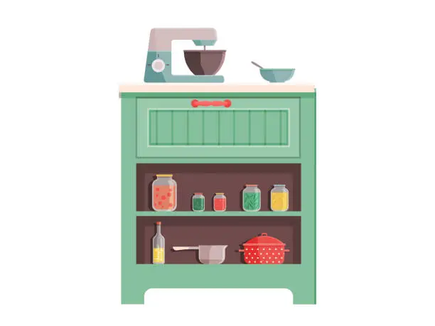 Vector illustration of Kitchen furniture. Kitchenware and accessories, part culinary setting, enhance home decor