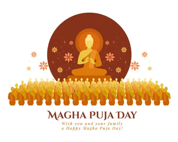 Vector illustration of Magha puja day - The Lord Buddha giving and Preach 1250 monks in full moon night with lotus flower around vector design