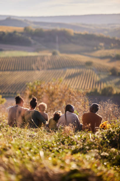 Rear view of African American extended family relaxing in grass during autumn picnic day on a hill. Copy space.