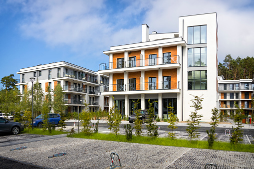 Architectural details of a modern apartment building.