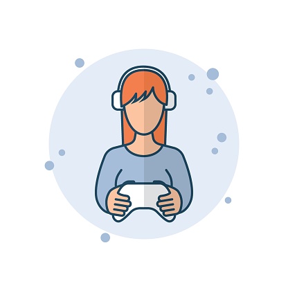 Cartoon gamer icon vector illustration. Gamepad on bubbles background. Headphones sign concept.