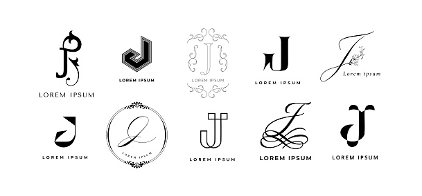 Creative J emblem. Letter j monogram for journal or jewelry brand. Geometric and lettering style template vector icon set. Different typeface with curly classic decorative elements